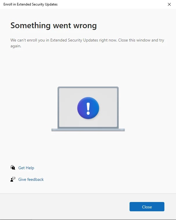Something went wrong error in Windows 10 ESU