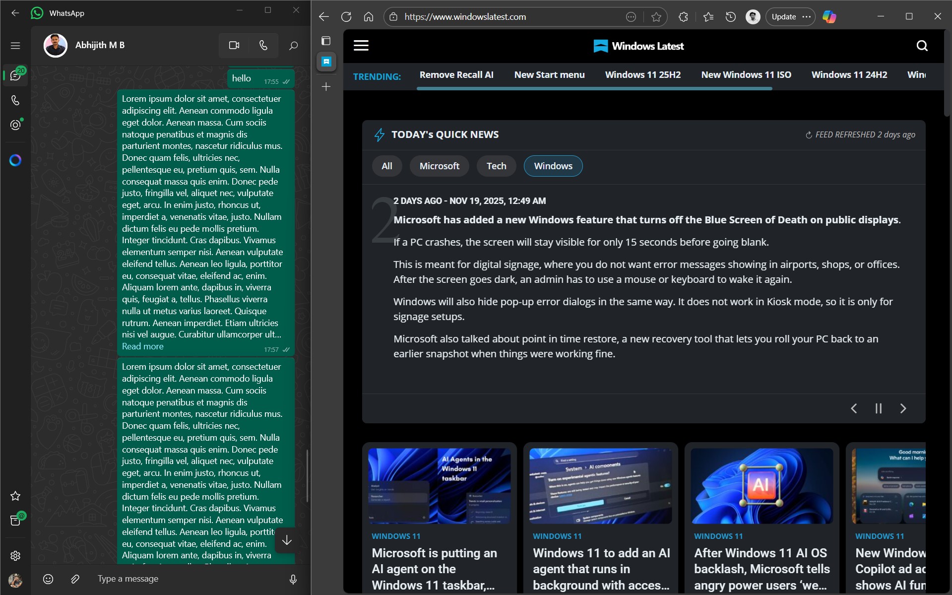 Split screen in UWP WhatsApp allows me to open just one chat while reading articles
