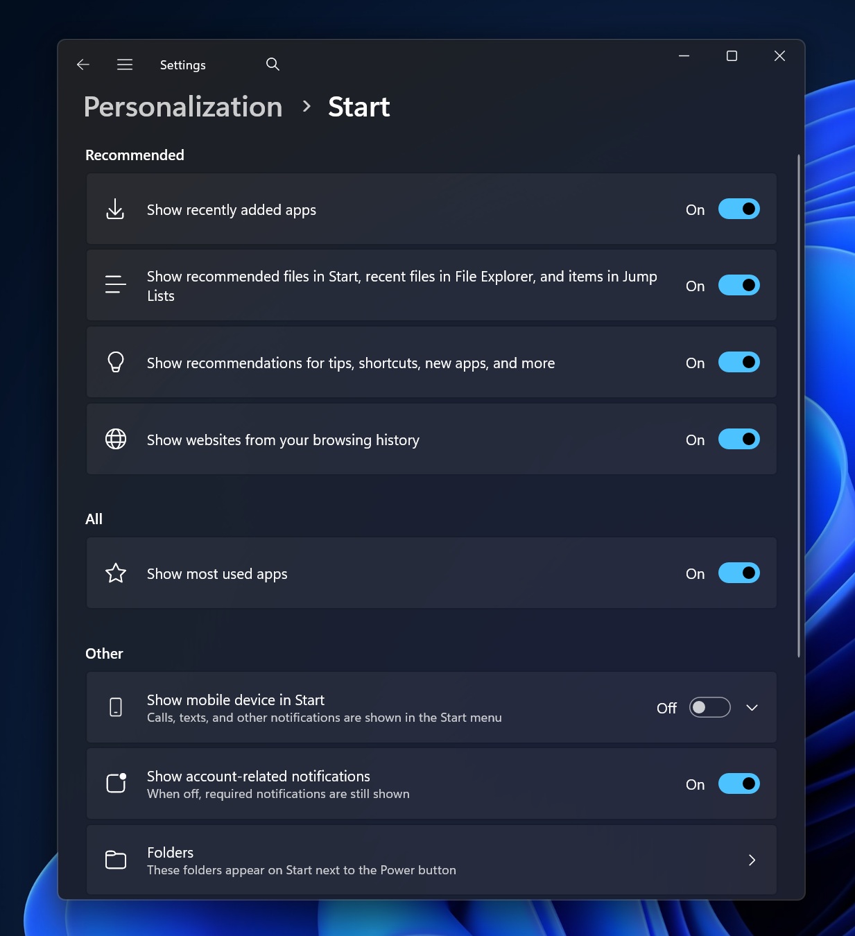 Start Setting to remove Recommended feed from the Start menu