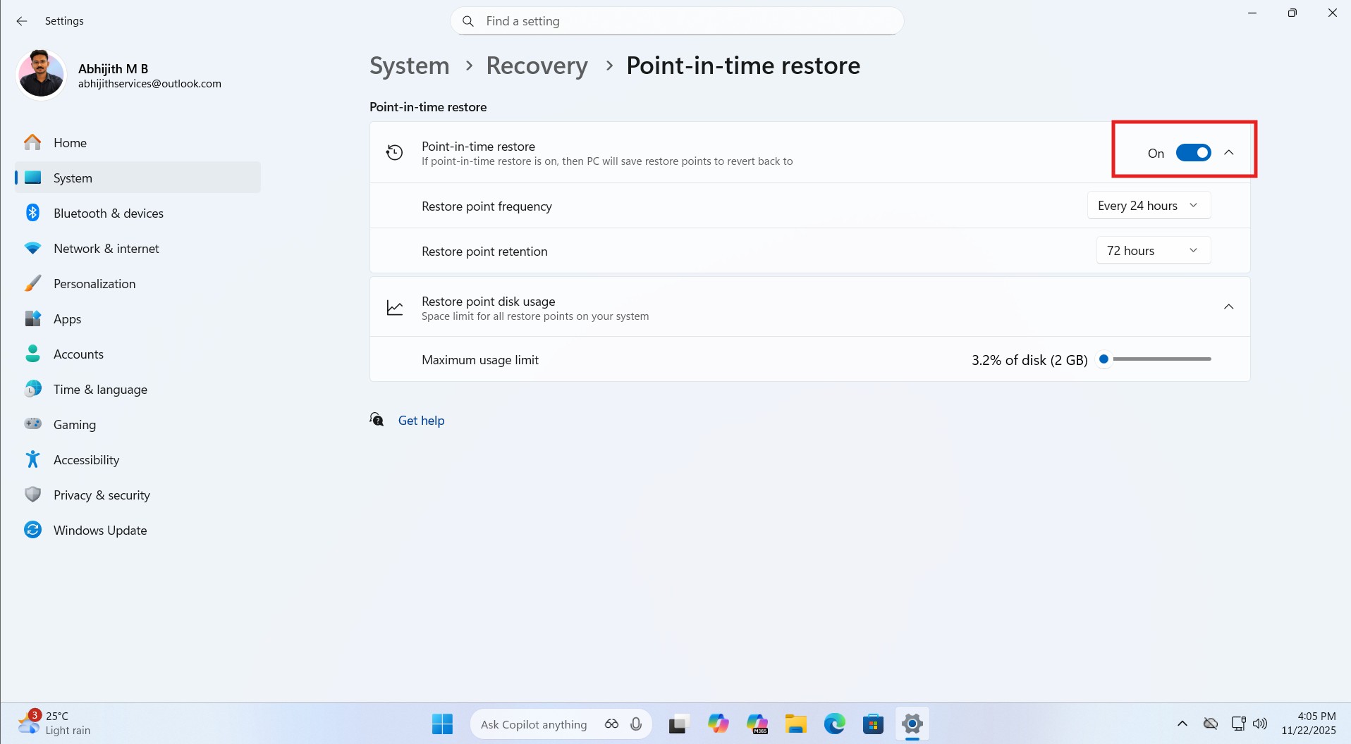 Sub settings for Point-in-time restore feature in Windows 11