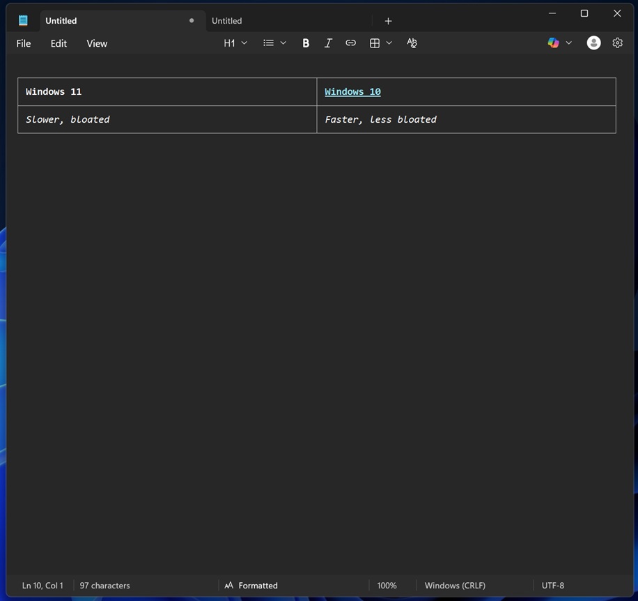 Table with text formatting in Notepad