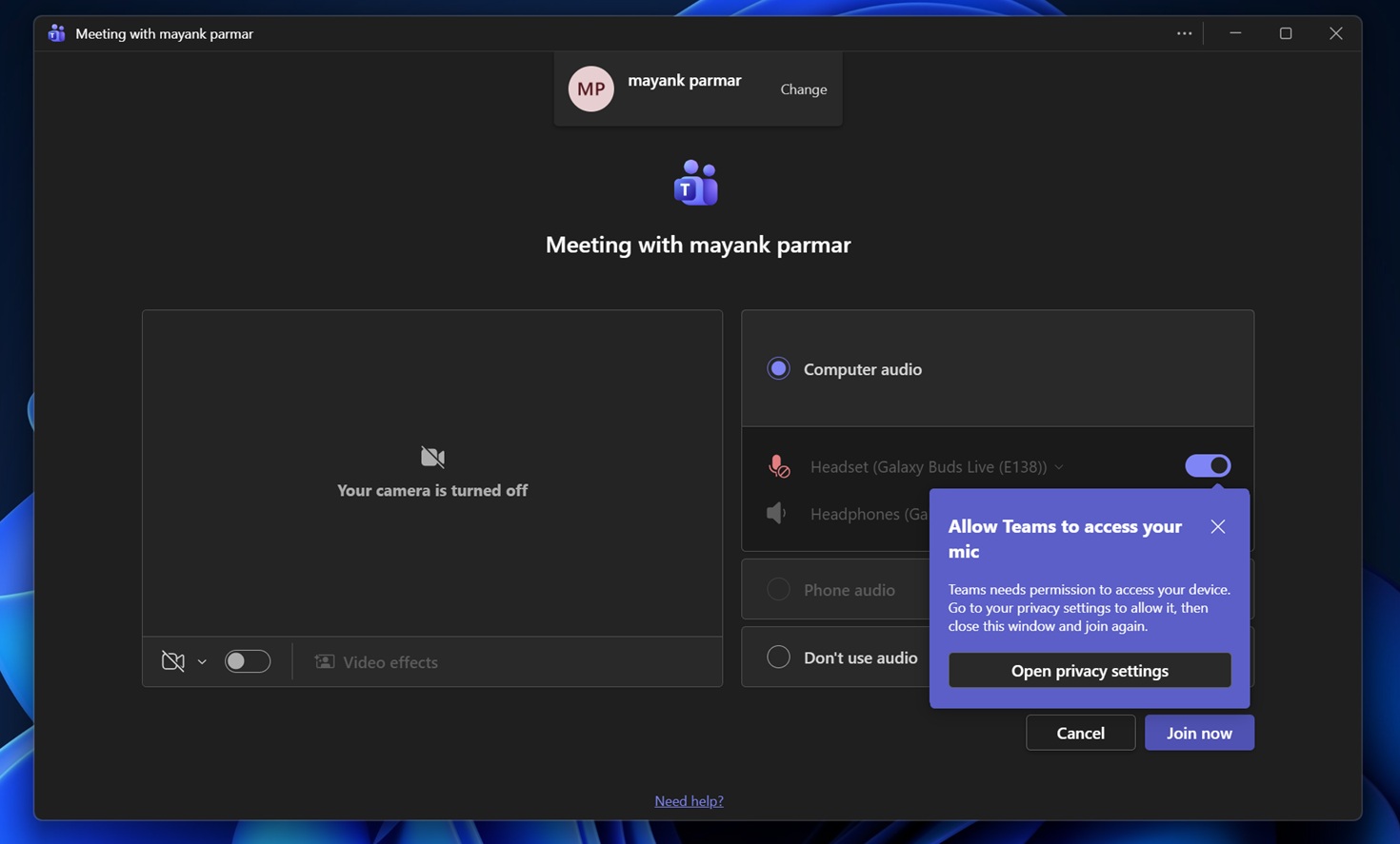 Teams calling experience