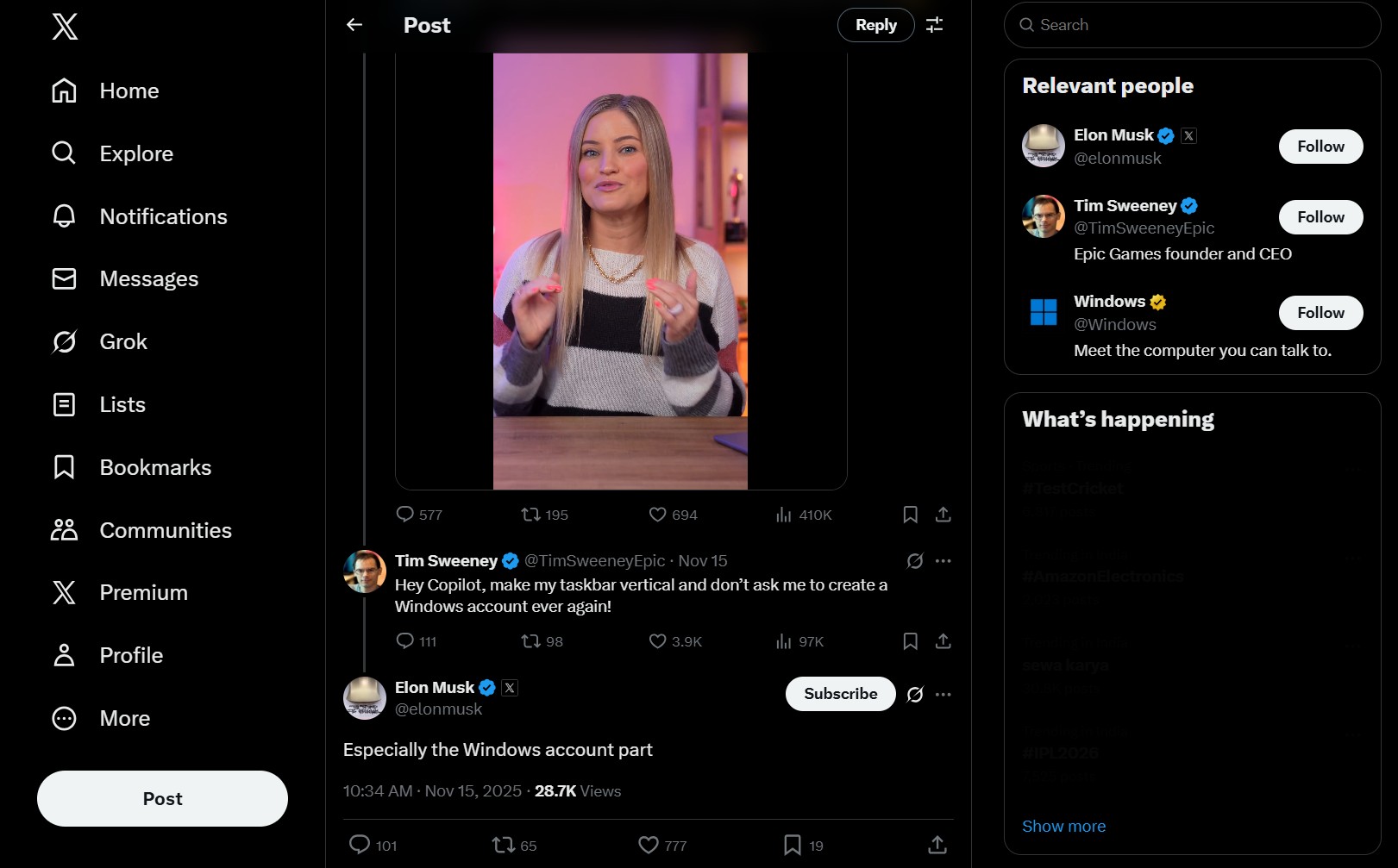 Tim Sweeney and Elon Musk's comments under Copilot Ad in X