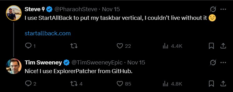 Tim Sweeney saying he uses ExplorerPatcher to reposition the Windows 11 taskbar