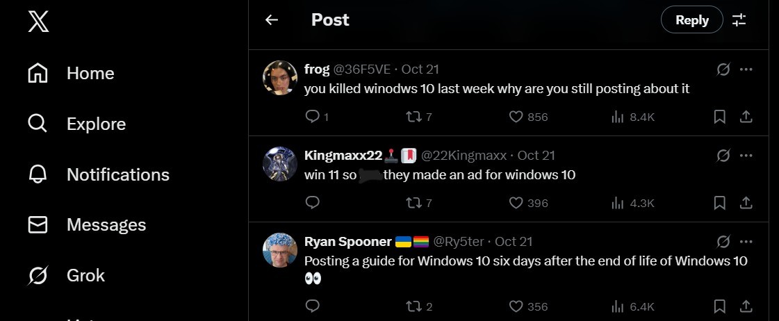 Users mocking Microsoft for posting about Windows 10 even after it's end of support