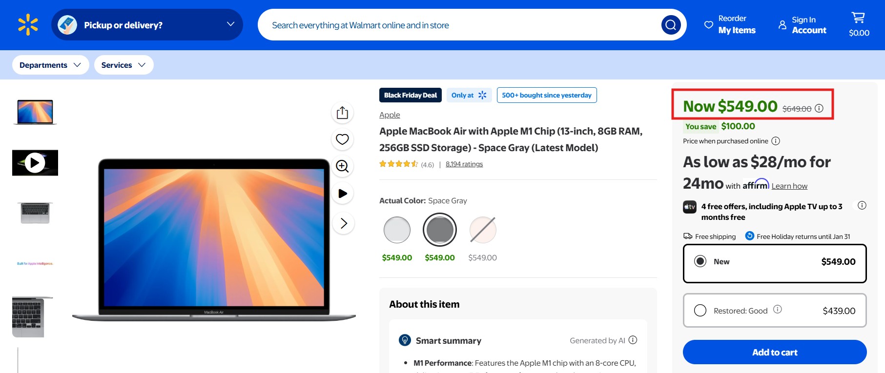 Walmart sells the Apple MacBook Air M1 at $549 during Black Friday Deal