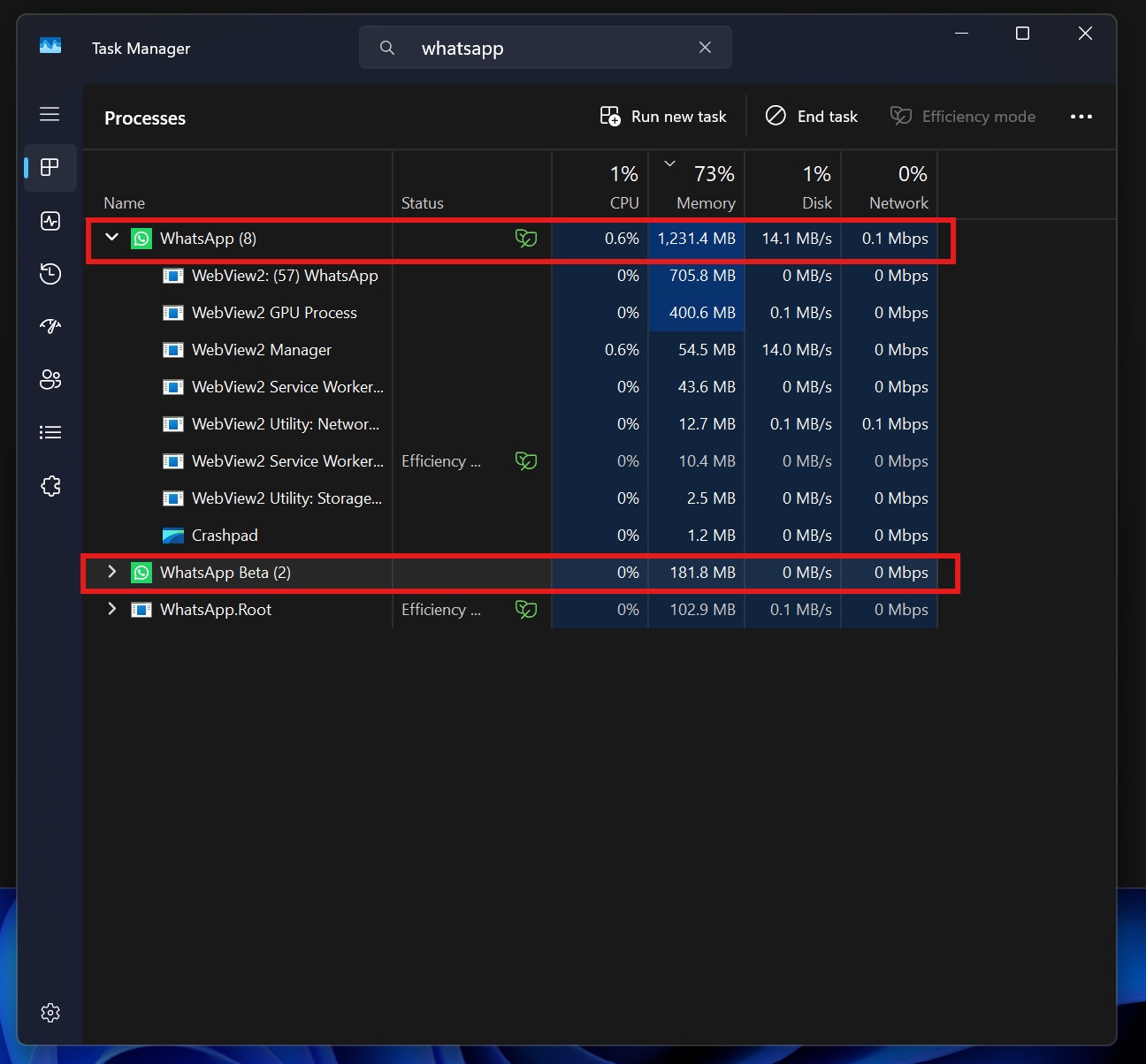 WhatsApp for Windows RAM usage