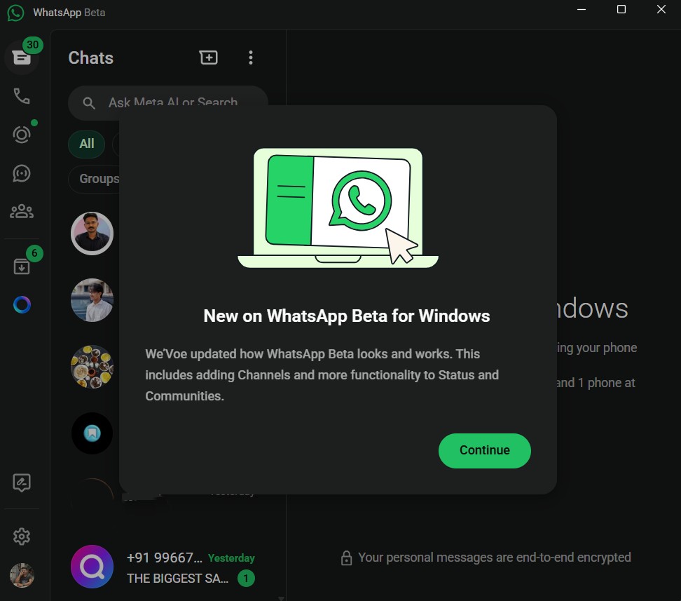 WhatsApp pop-up tells that they've changed the design