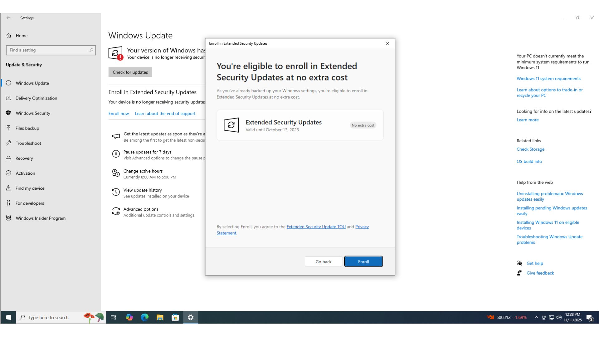 Windows 10 ESU enrollment dialog