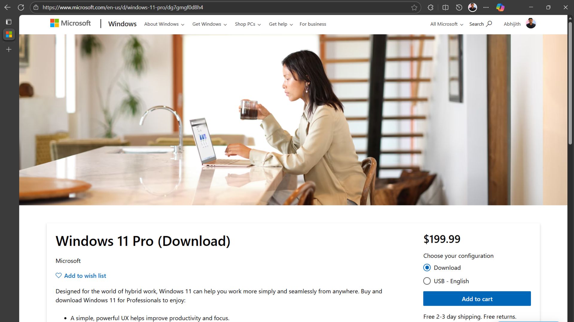 Windows 10 Pro full price download page