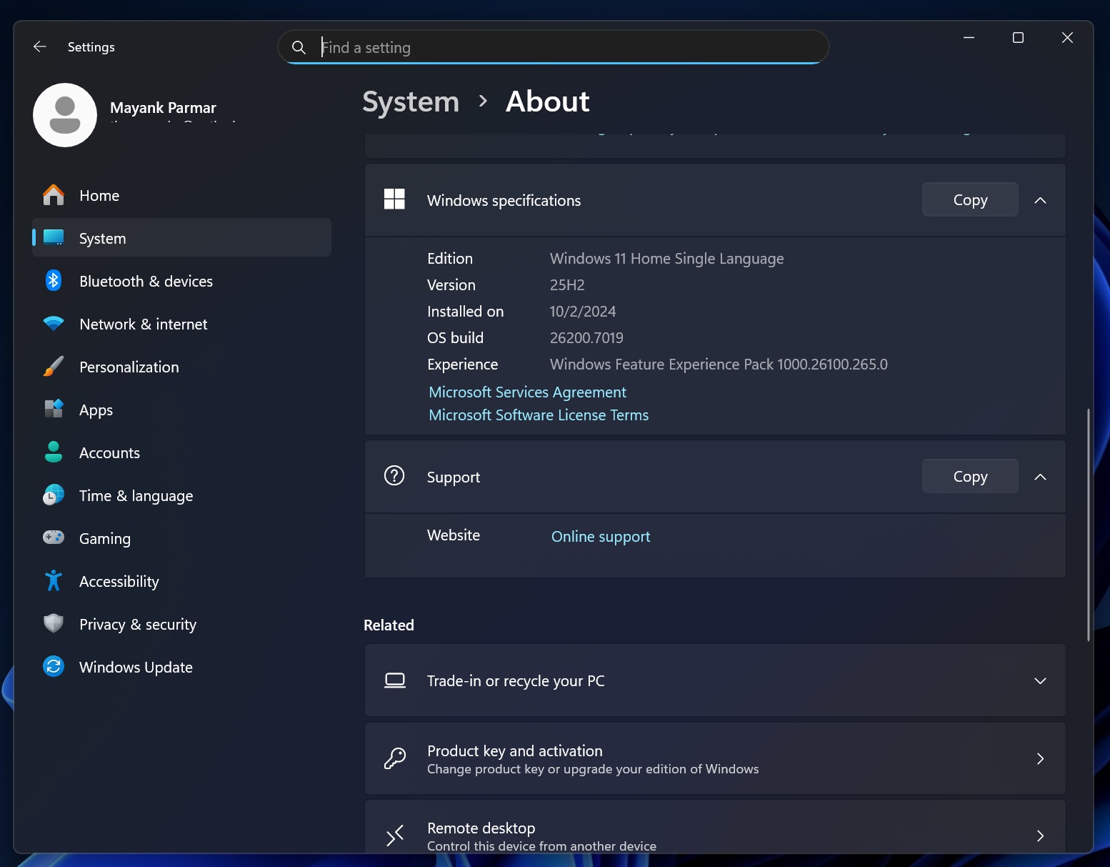 Windows 11 25H2 OS and Build number