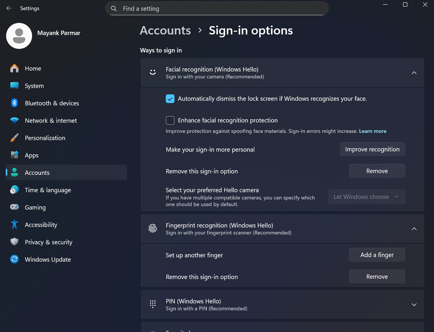 Windows Hello Settings