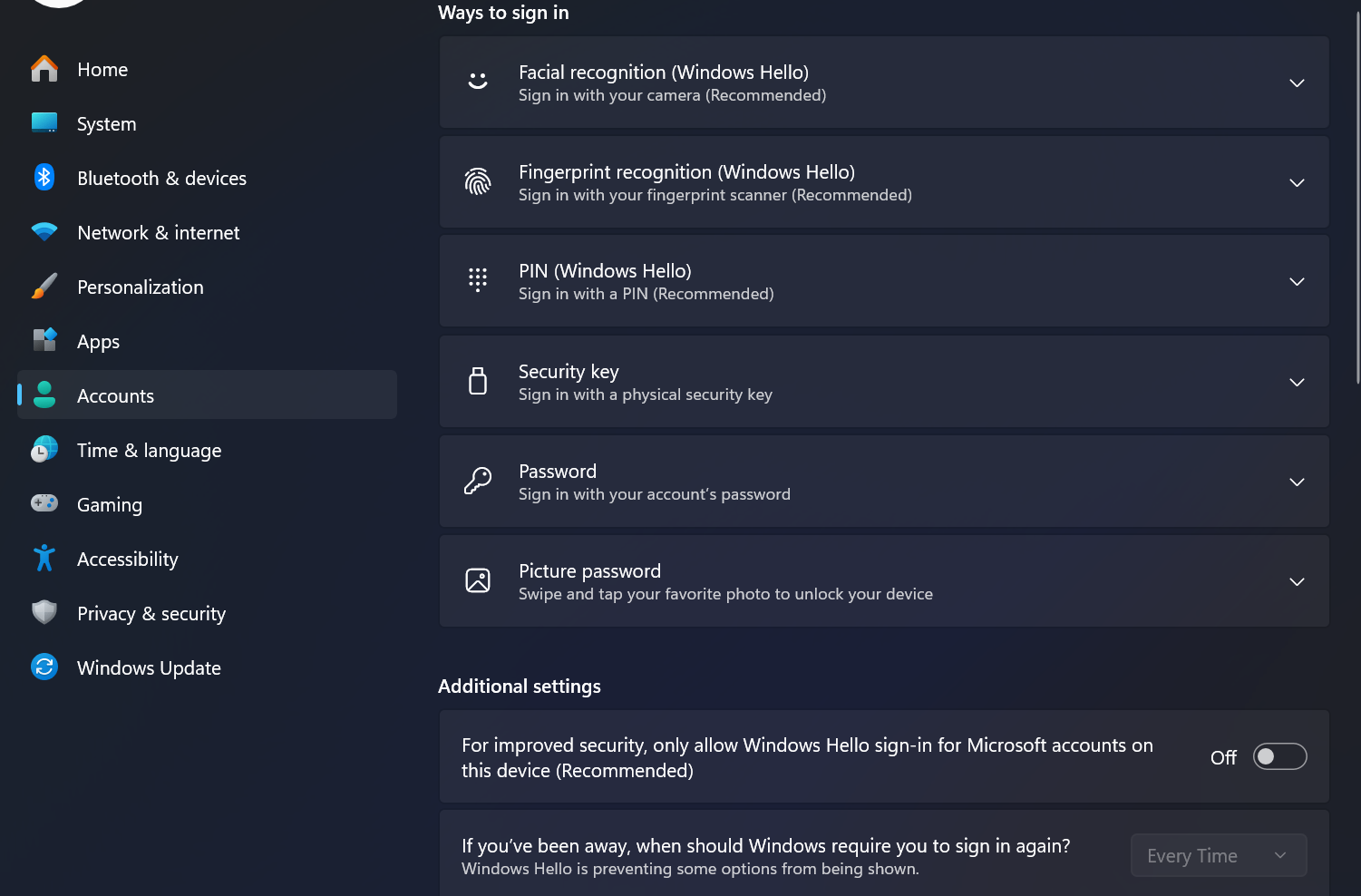 Windows Sign-in options Settings