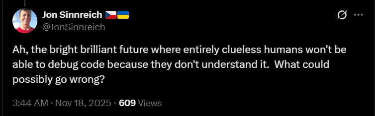 a user expressing concerns towards a future where people won't be able to debug code