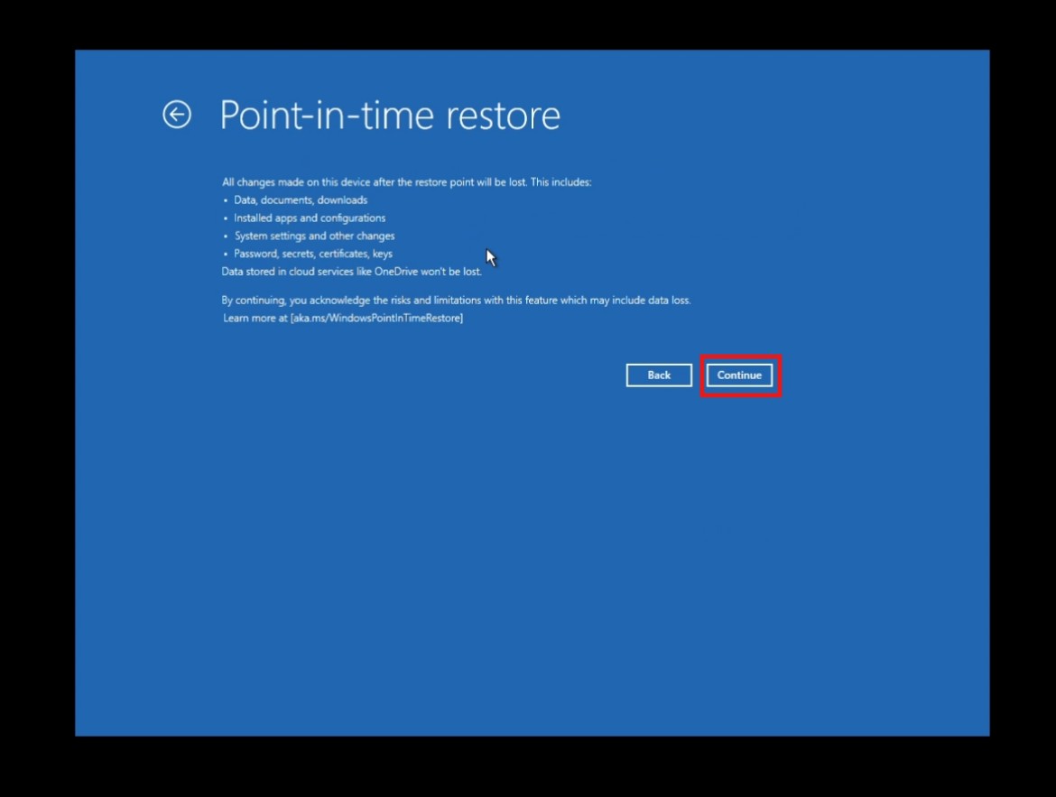 clicking Continue means that you'll be accepting the risk that the data you have created after a restore point will be lost