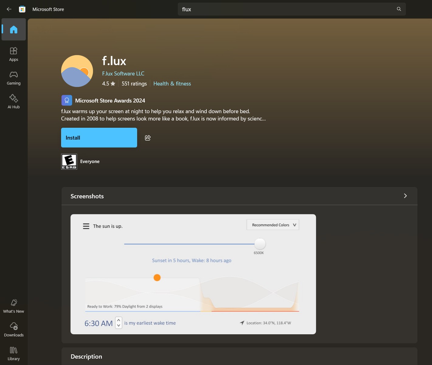 f.lux app in Microsoft Store
