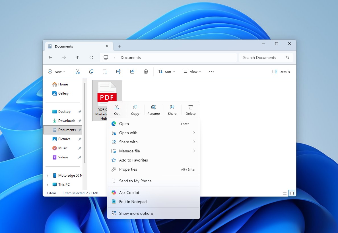 new right-click menu for PDFs is now much smaller