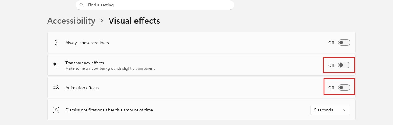 Desative os efeitos de transparência e os efeitos de animação.