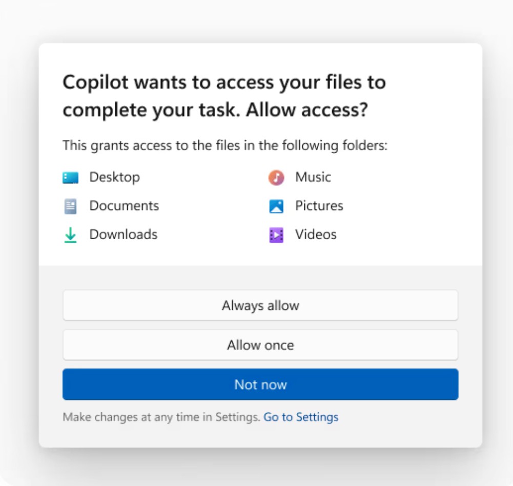 AI Agent (Copilot) asking permission to access known folders from which you can choose to always allow, allow once or not now