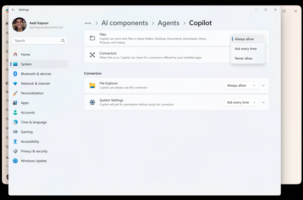 Agent Settings in Windows 11
