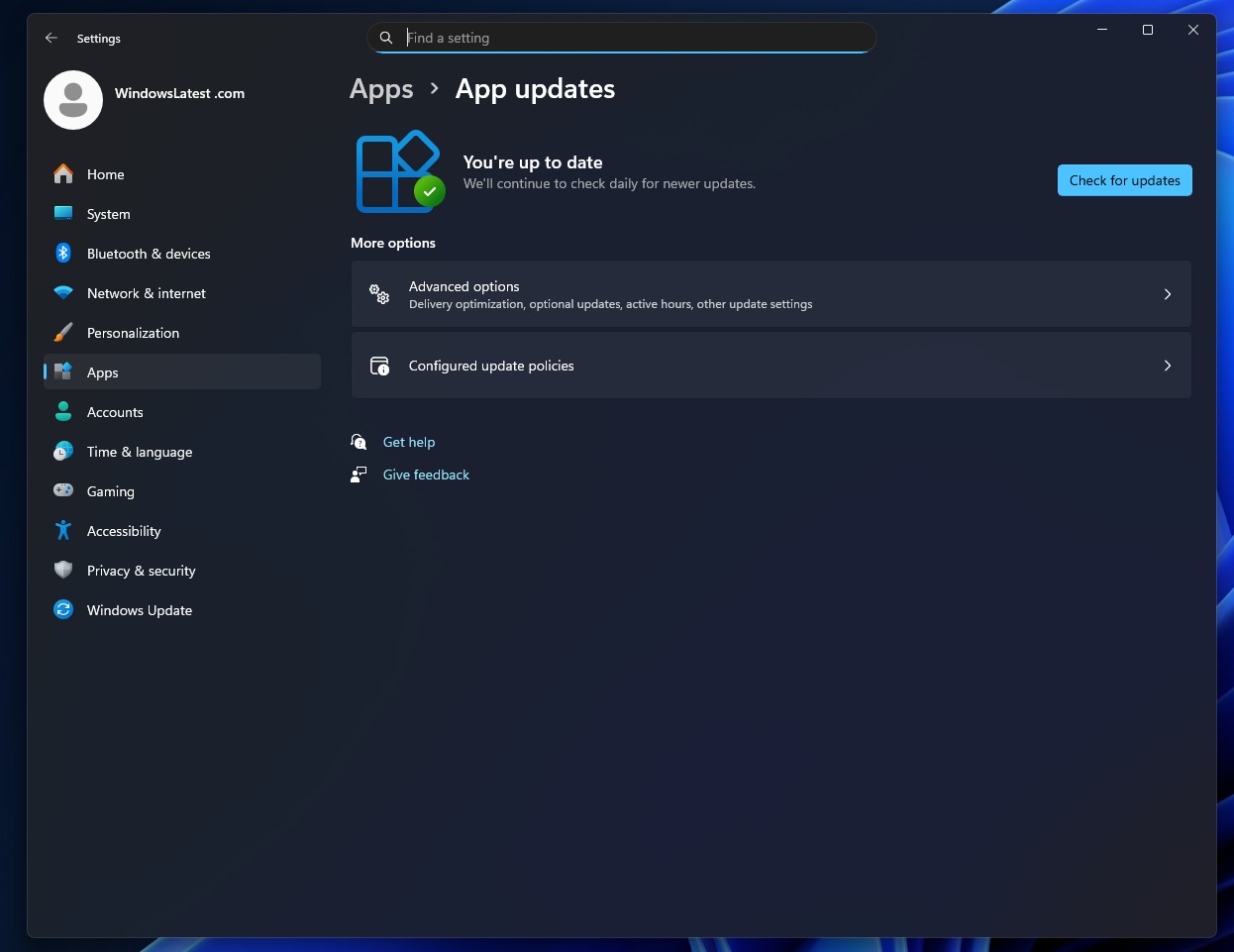 App updates in Windows 11 Settings