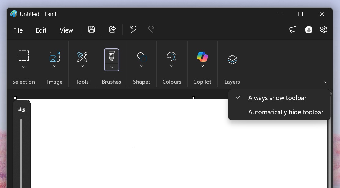 Automatically hide toolbar in MS Paint