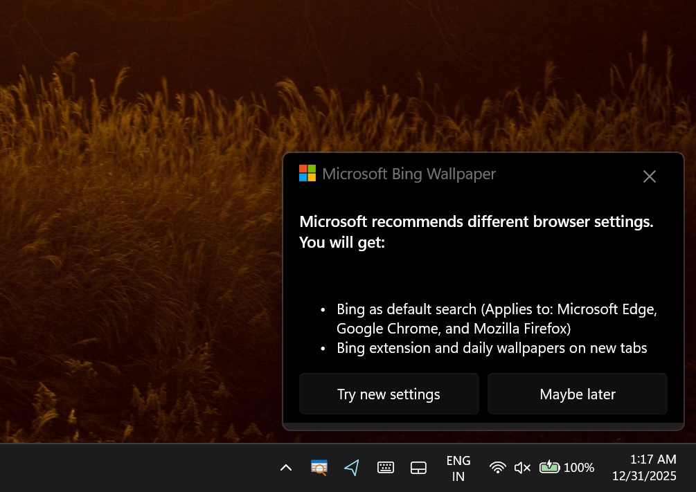 Bing Wallpaper app promoting Edge and Bing search engine