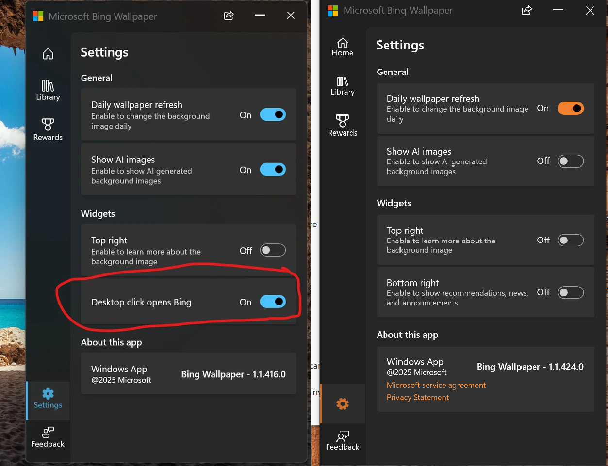 Bing desktop opens Bing toggle is missing