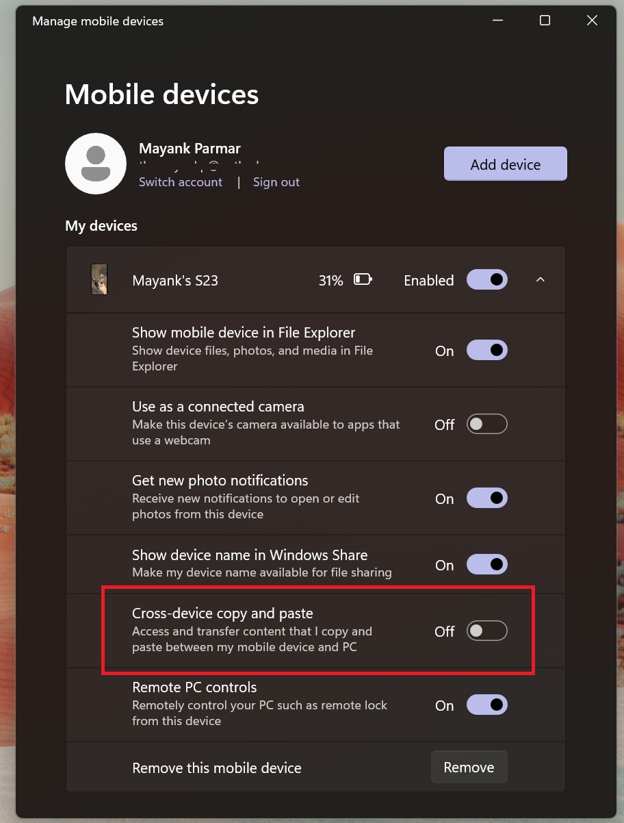 Cross-device copy and paste in Windows 11
