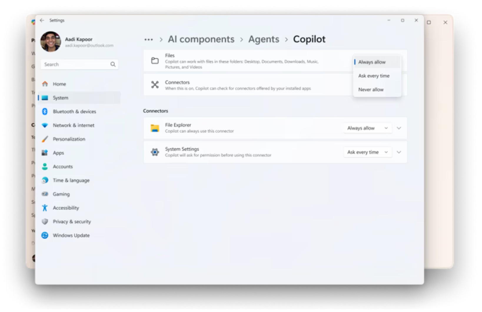 Dedicated Settings page for Agents under AI Components in Windows