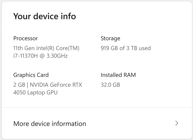 Device Card in Windows Settings