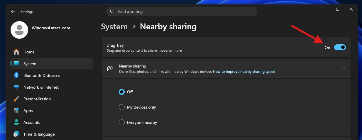 Drag tray settings in Windows 11 Build 26200.7309