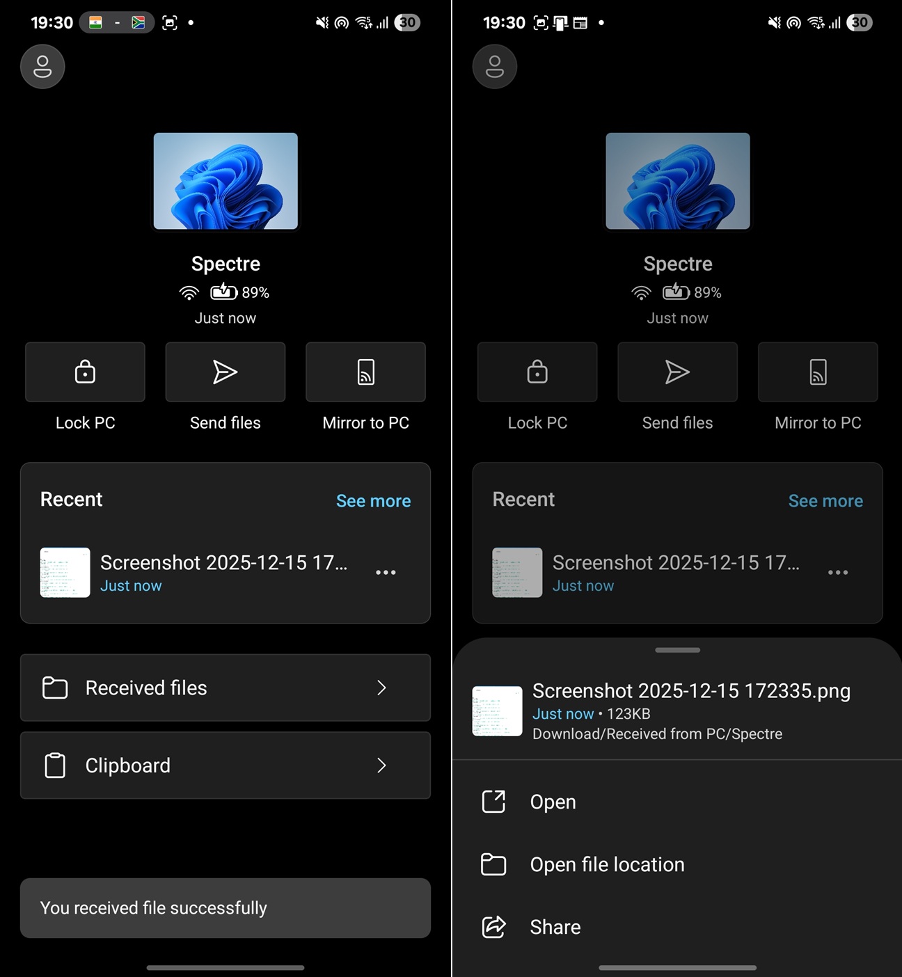 File received on phone from PC using Link to Windows