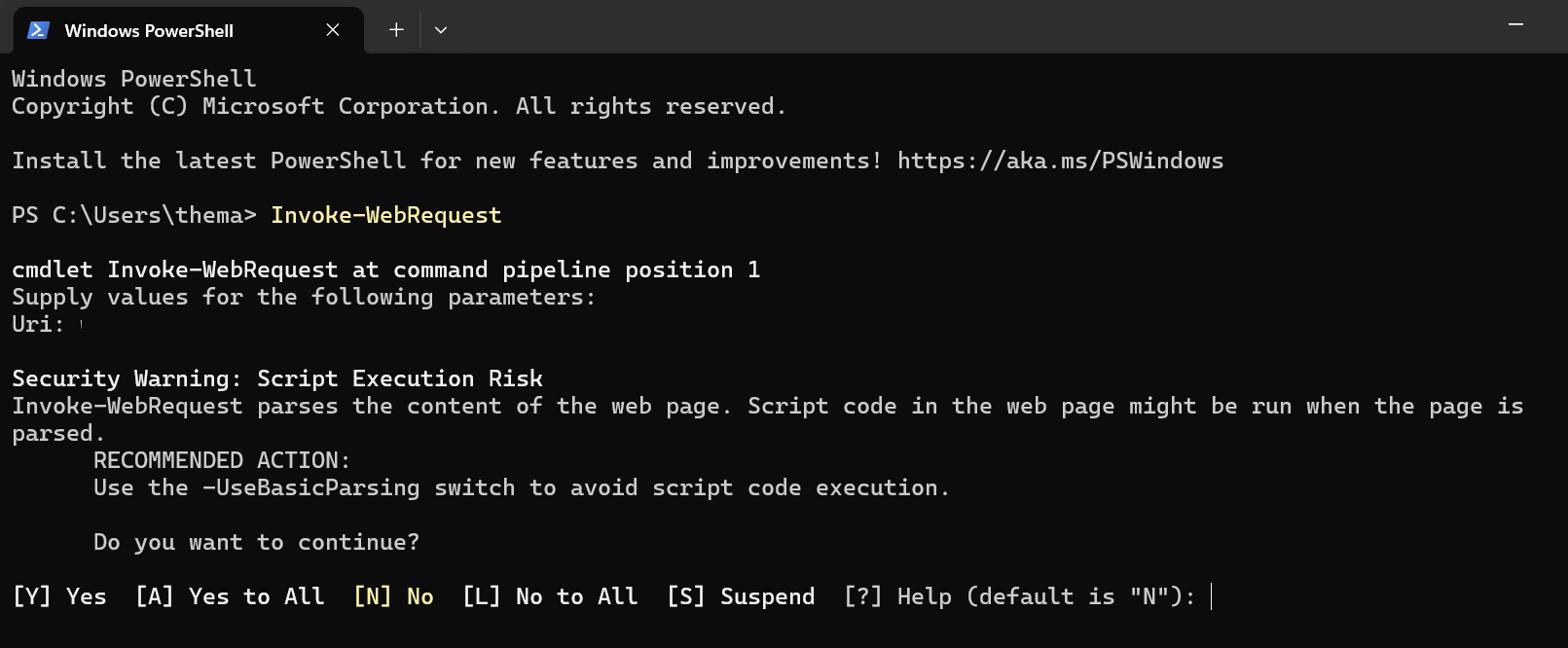 Invoke-WebRequest in PowerShell warning