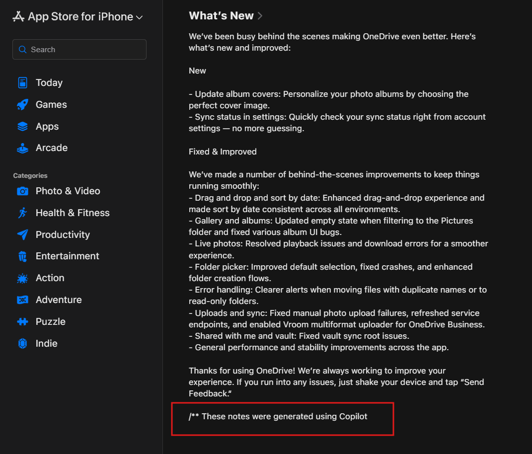 OneDrive iOS app changelog written using Copilot