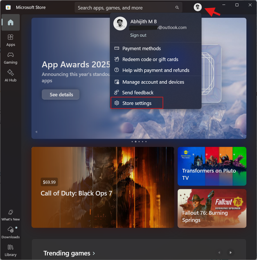 Opening Store settings in Microsoft Store