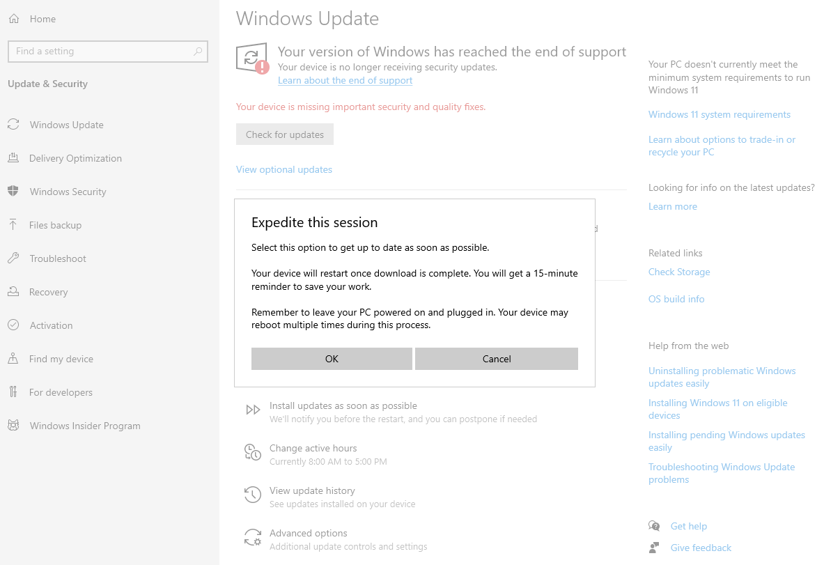 Popup after clicking Install updates as soon as possible