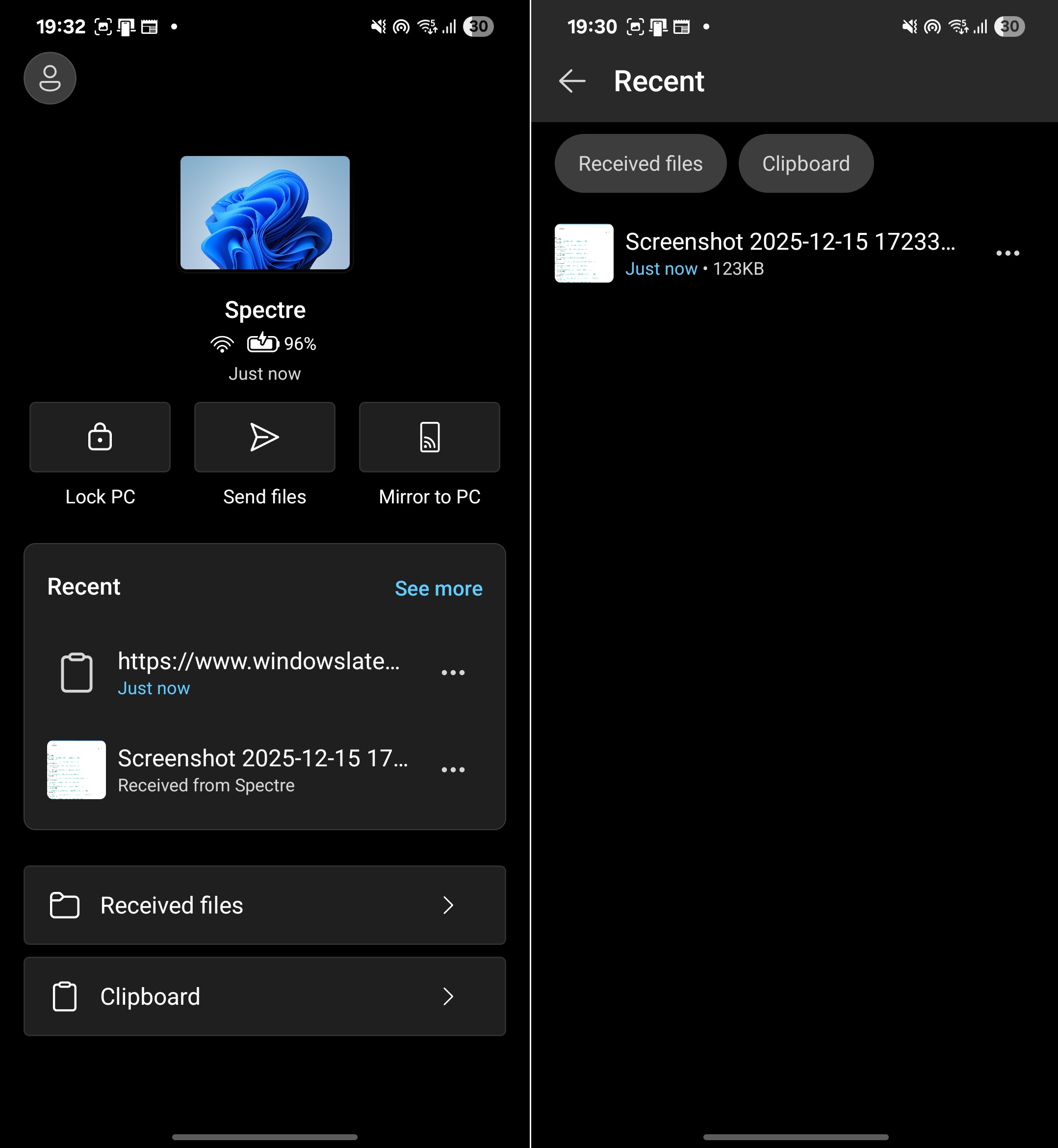 Recent activitiy in Link to Windows on Android