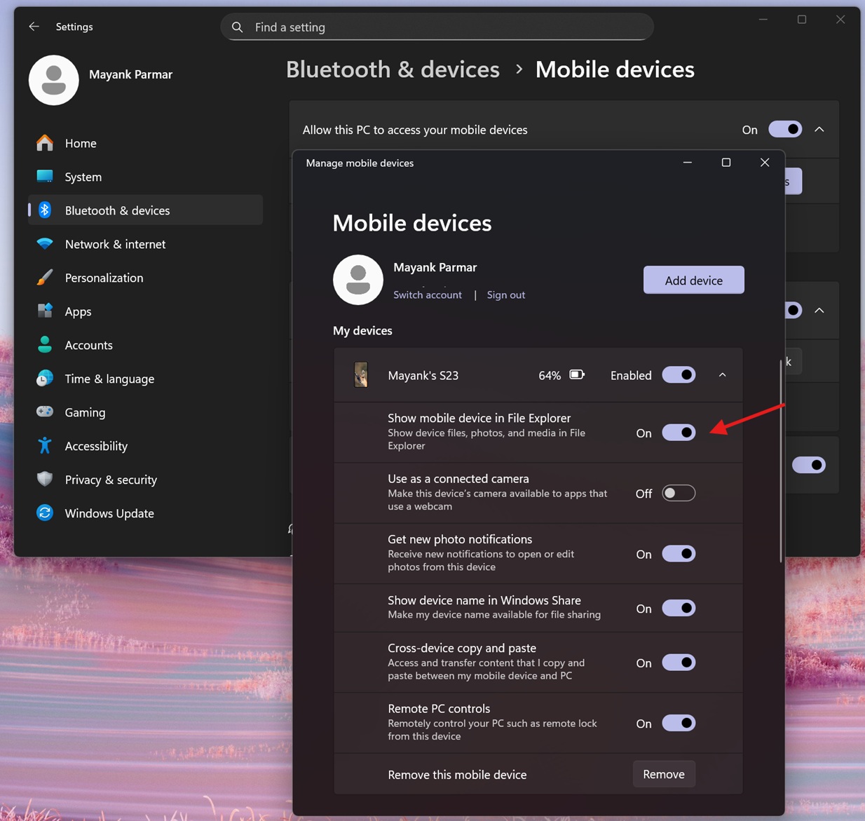 Show mobile device in File Explorer toggle