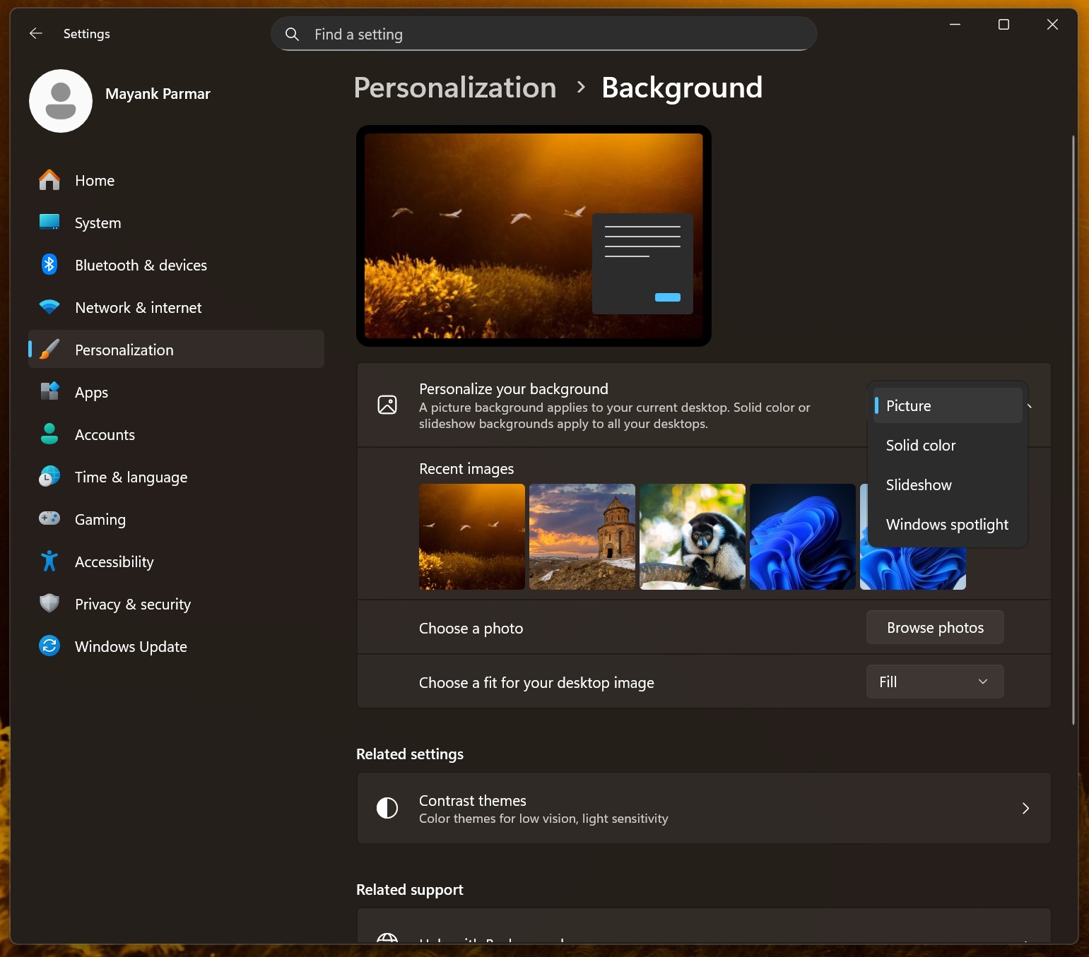 Spotlight feature in Windows 11 personalization settings