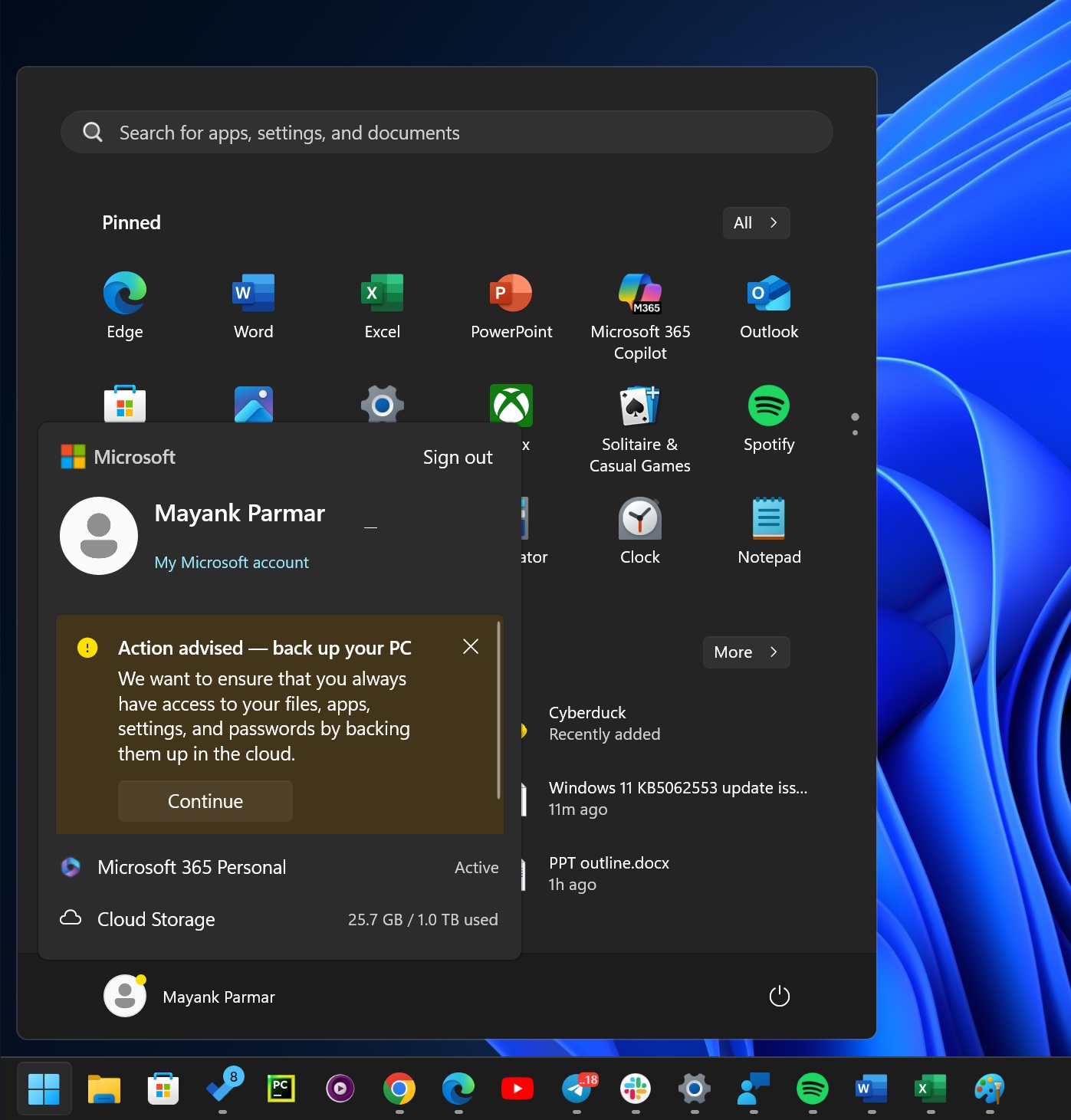 Start menu showing OneDrive alert