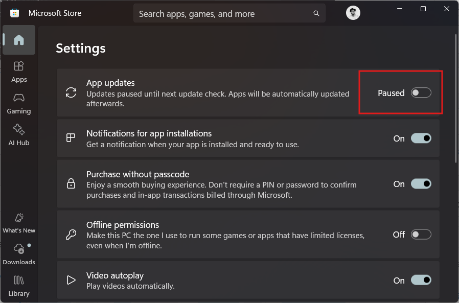 Turn off App updates in Microsoft Store