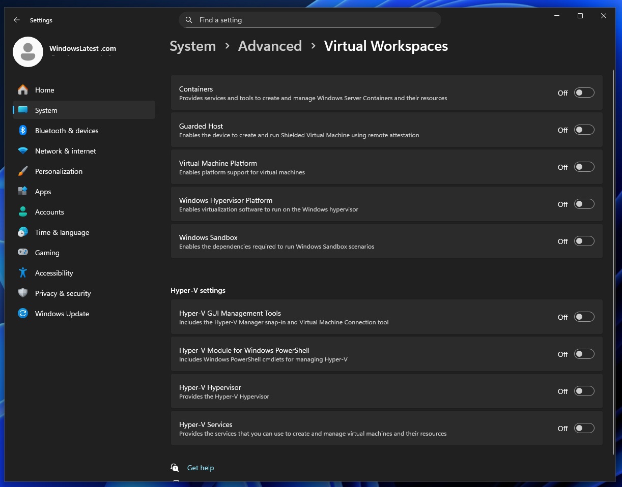 Virtual Workspaces settings in Windows 11