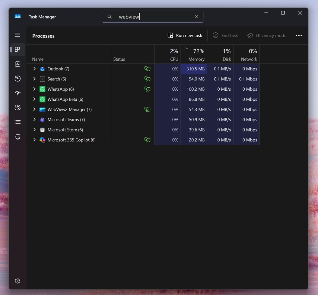 WebView2 processes in Windows 11 Task Manager