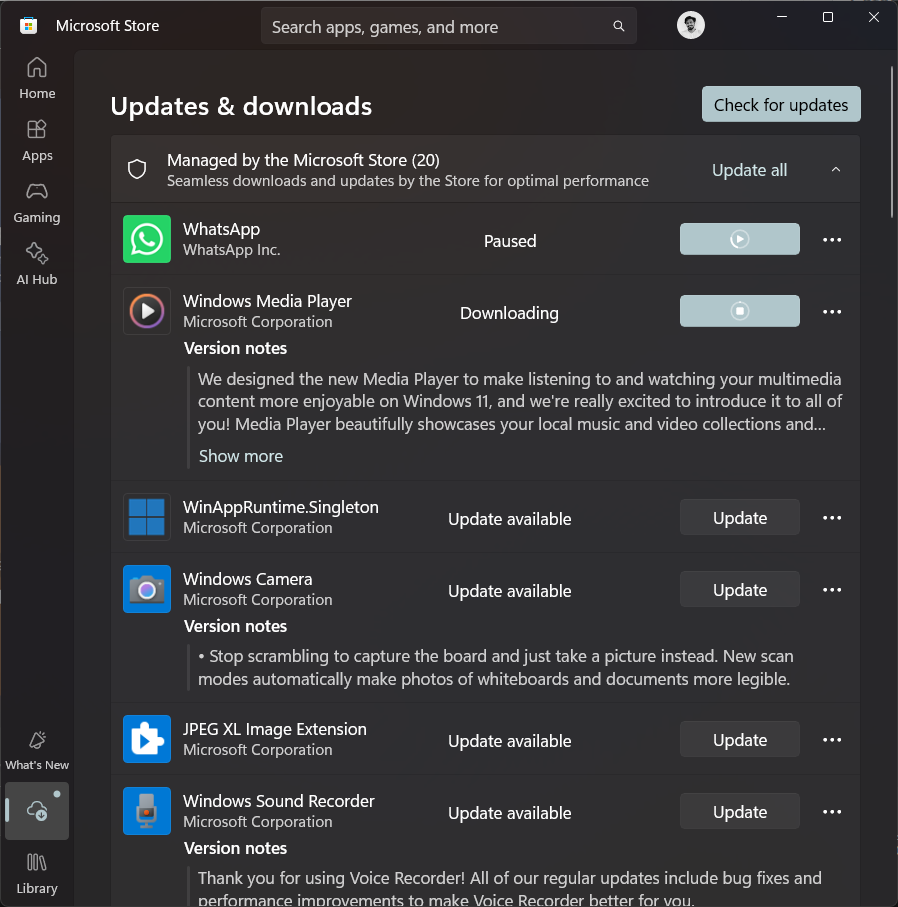 WhatsApp update paused in Microsoft Store