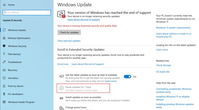 Non-ESU Windows 10 can’t pause updates anymore, including if Windows 11 install starts accidentally by user Windows 10 PCs can’t pause updates unless enrolled in the ESU program