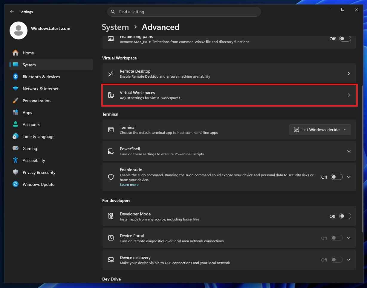 Windows 11 Advanced Settings for Virtual Workspaces