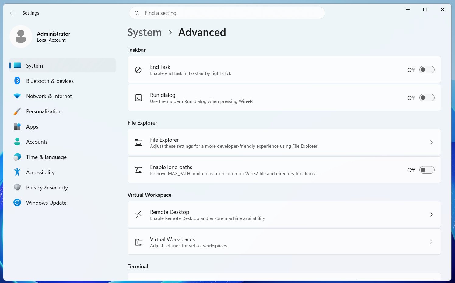 Windows Advanced Settings