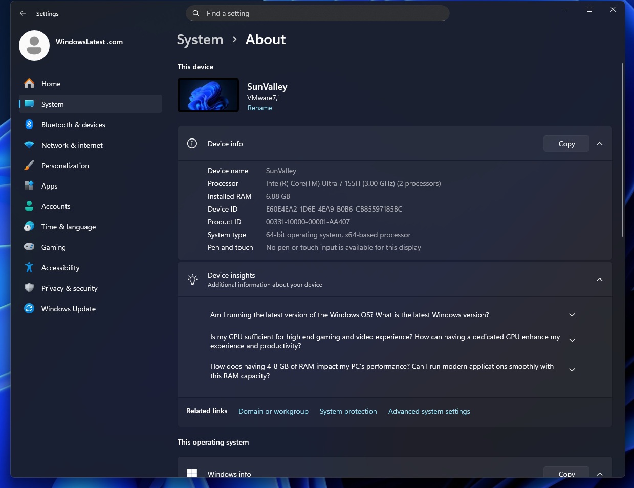 Windows Settings System About