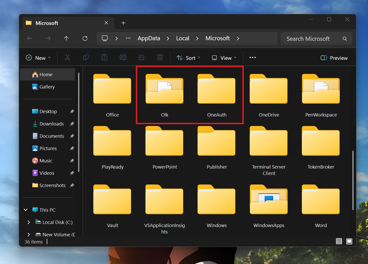 Windows 11でolkフォルダとoneauthフォルダを削除する